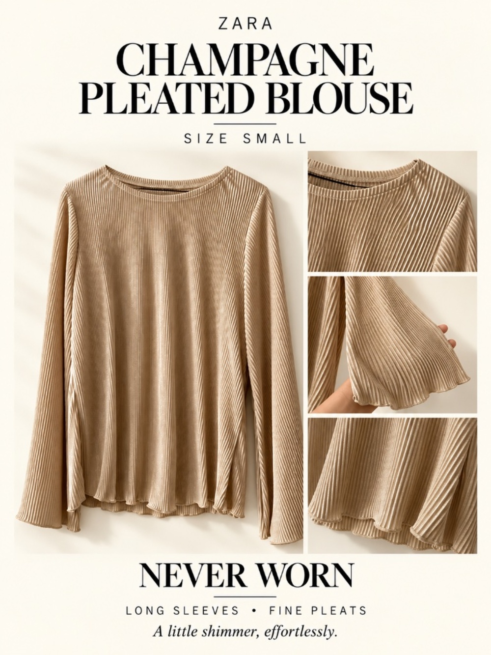 Zara Champagne Pleated Long Sleeve Blouse